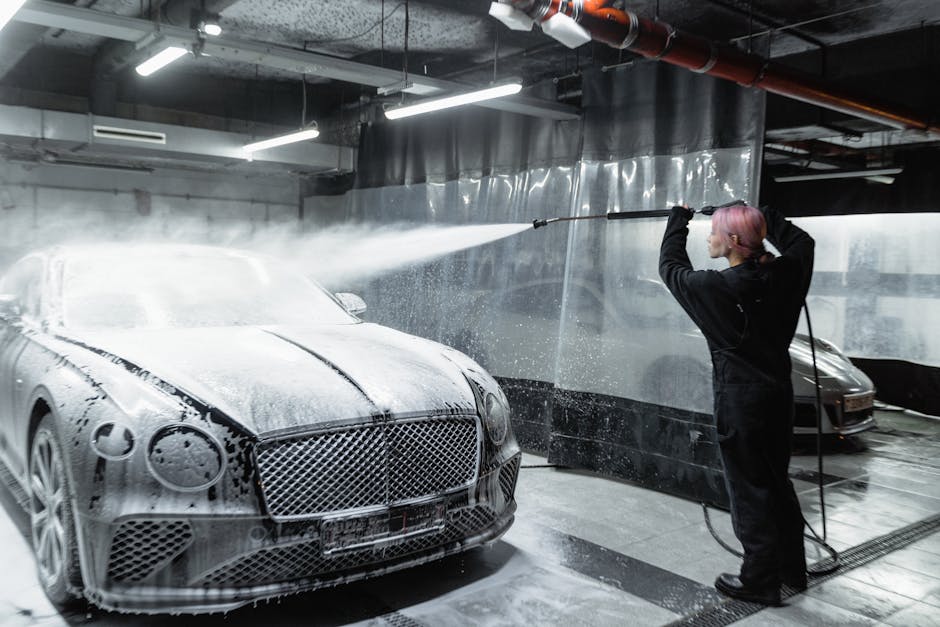 Car wash snow foam applied during exterior auto detailing